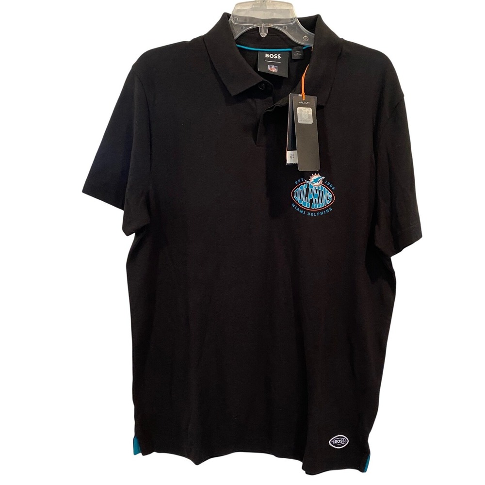 BOSS x NFL Miami Dolphins Football Mens Black Pique Polo Shirt Large‎ New Tags